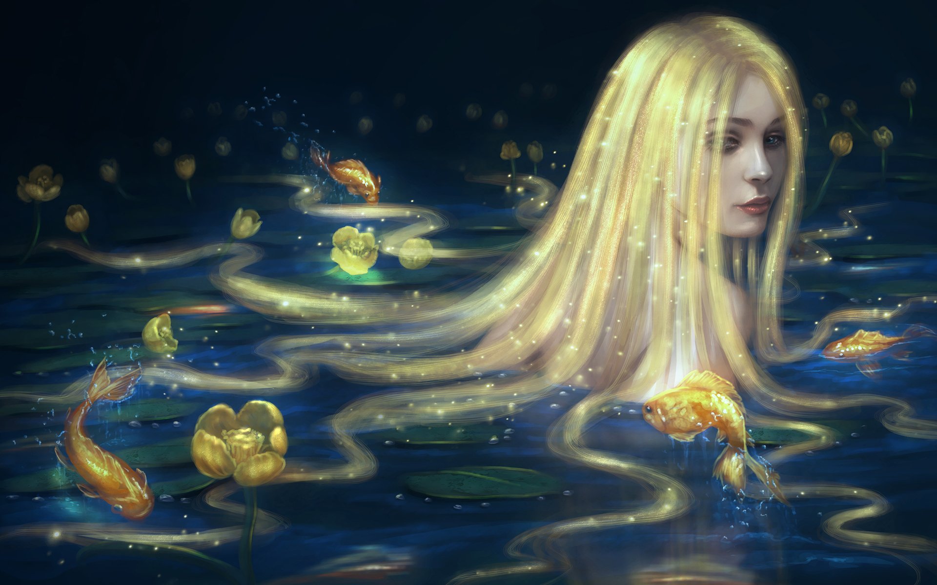 arte ragazza sirena capelli lunghi oro sguardo acqua pesce