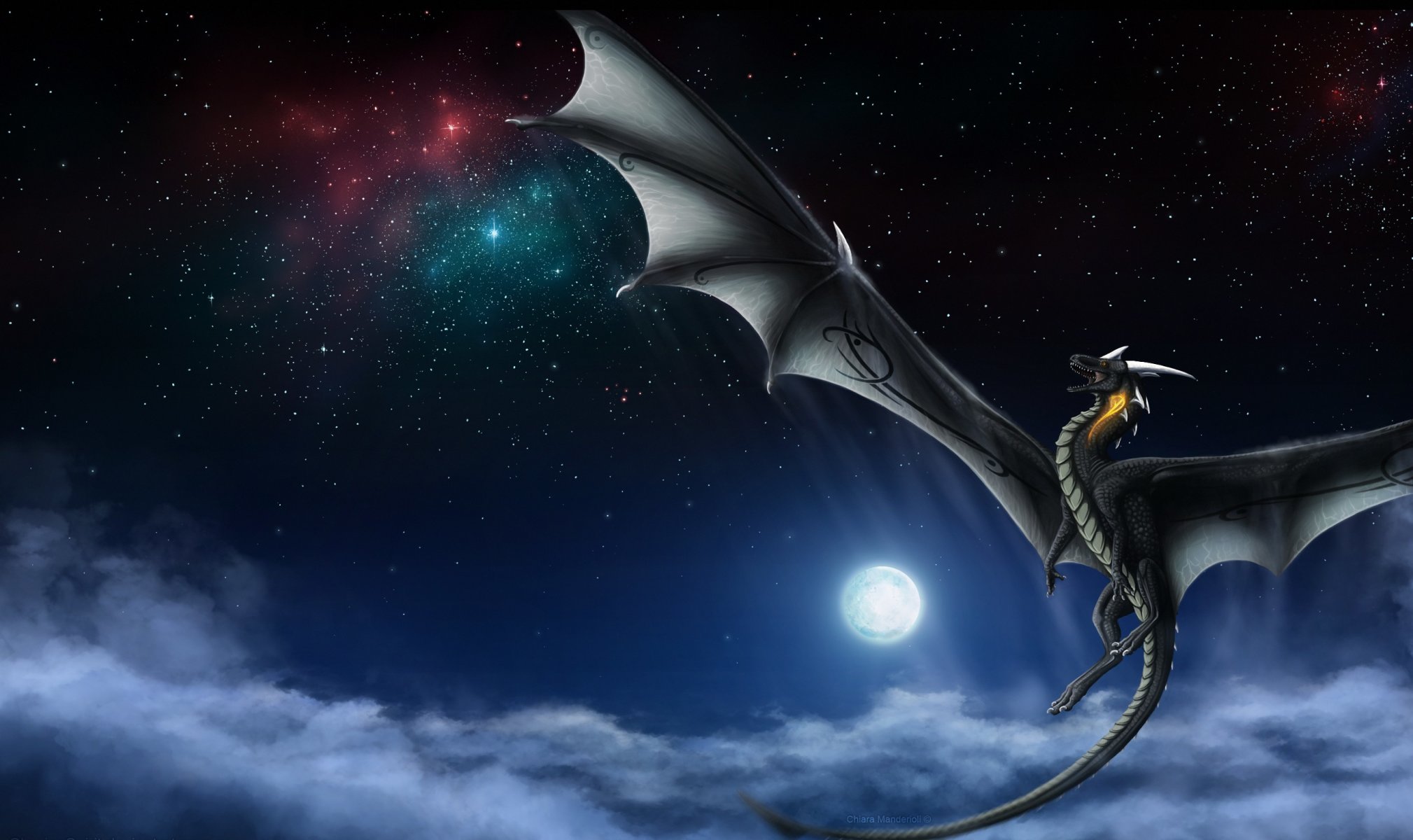 fantastique dragon ailes queue vol nuit ciel étoiles lune nuages