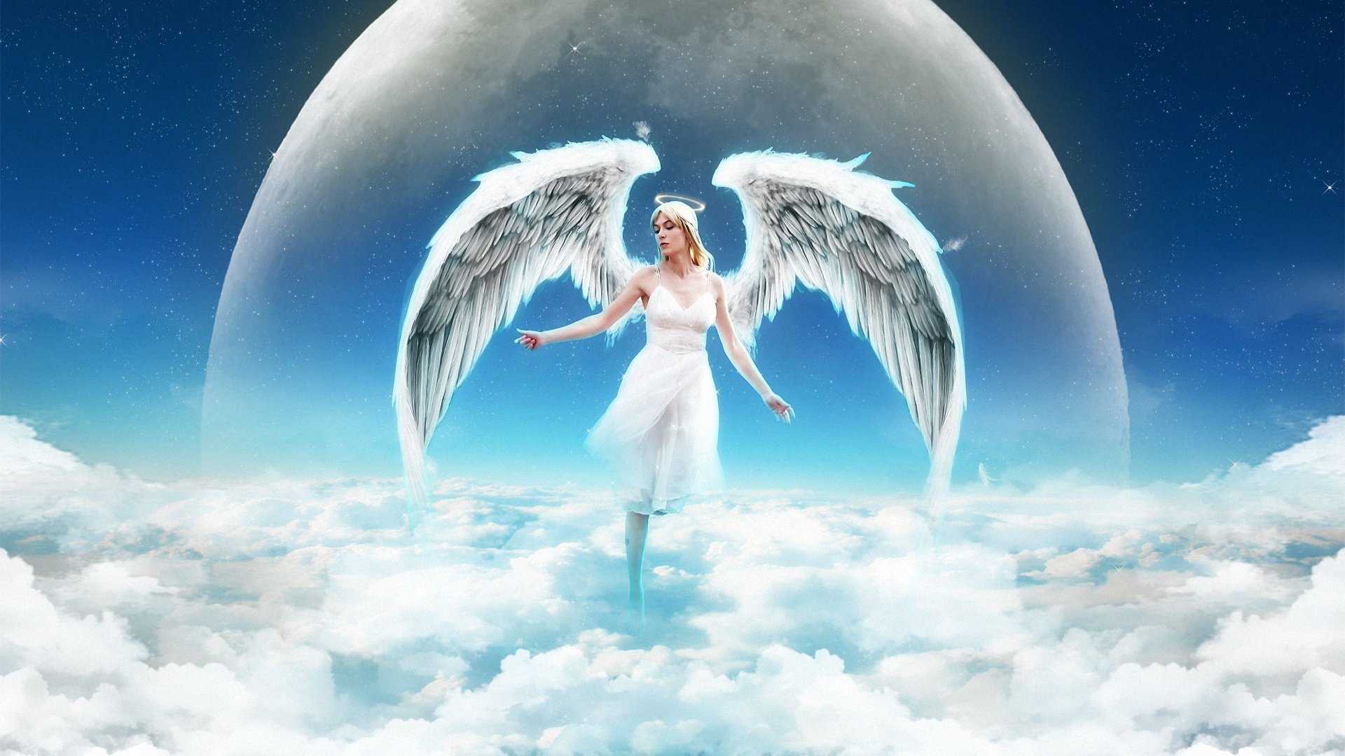 girl angel sky clouds wings halo planet