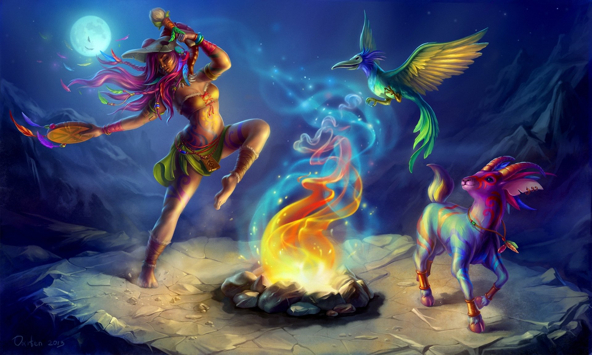 art girl dance savage fire being mask ptitspa moon night shaman