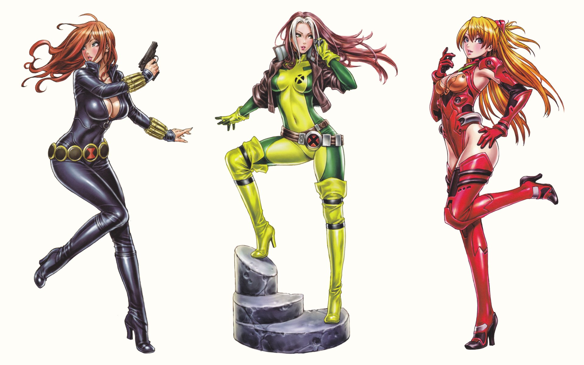 arte chicas viuda negra rogue asuka langley vengadores x-men neon genesis evangelion yamashita shunya cómic anime ficción fondo blanco