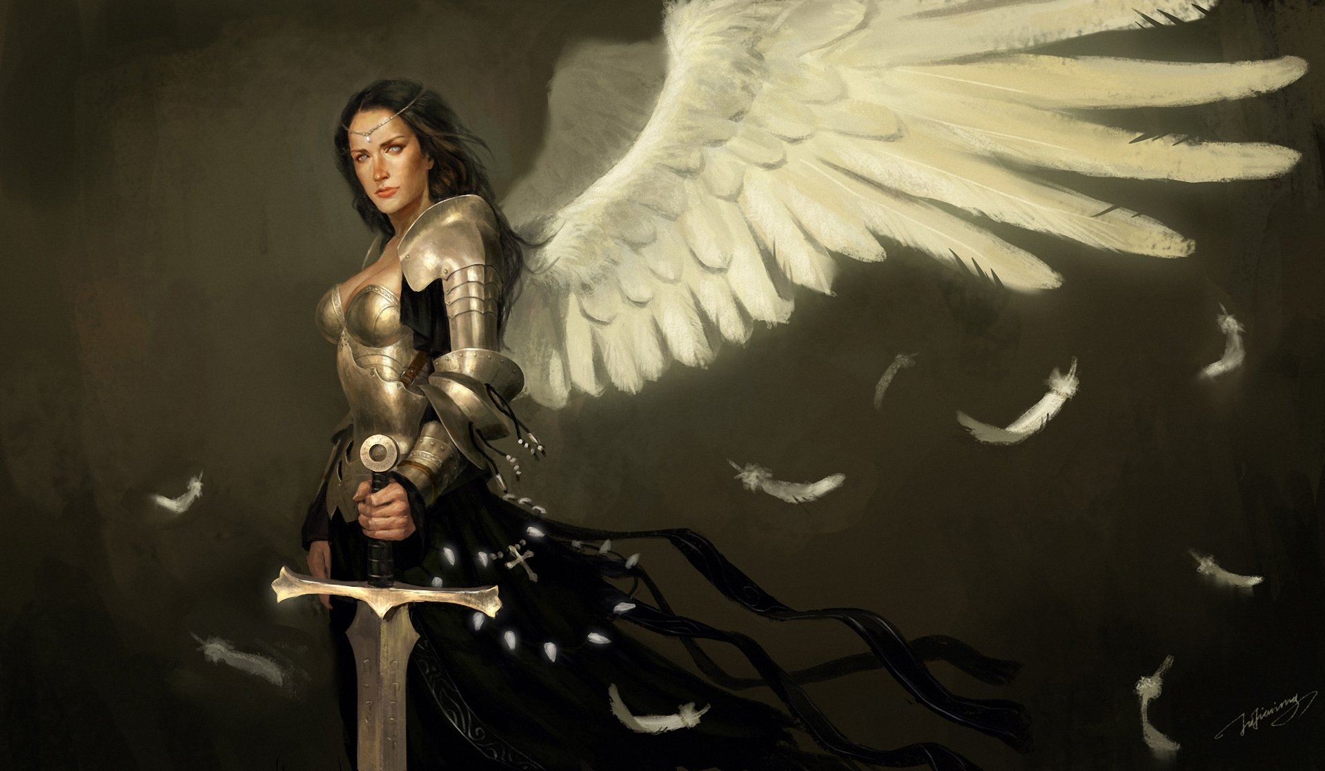 art girl wings angel armor sword