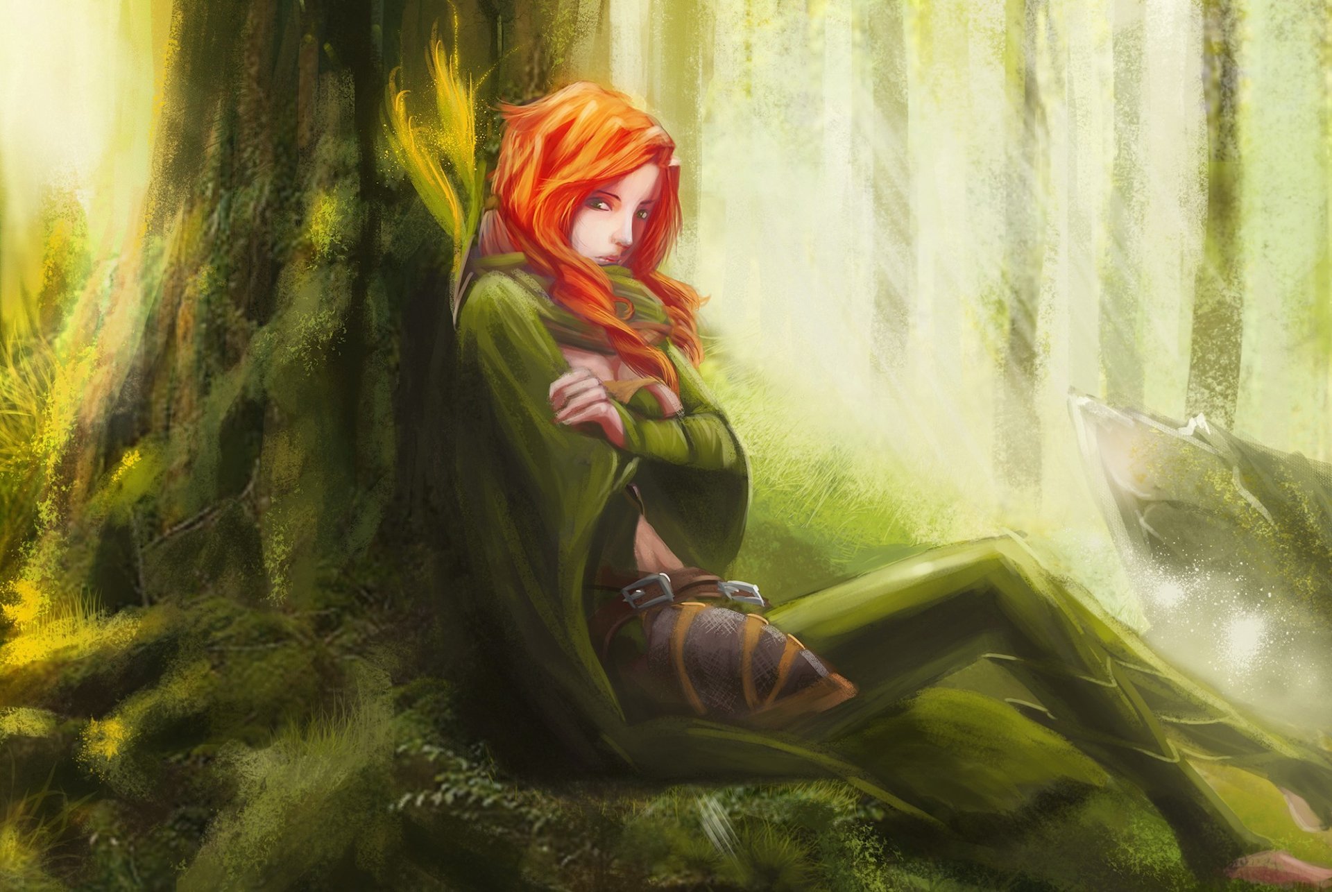 arte dota 2 chica windrunner sentado bosque pelirroja