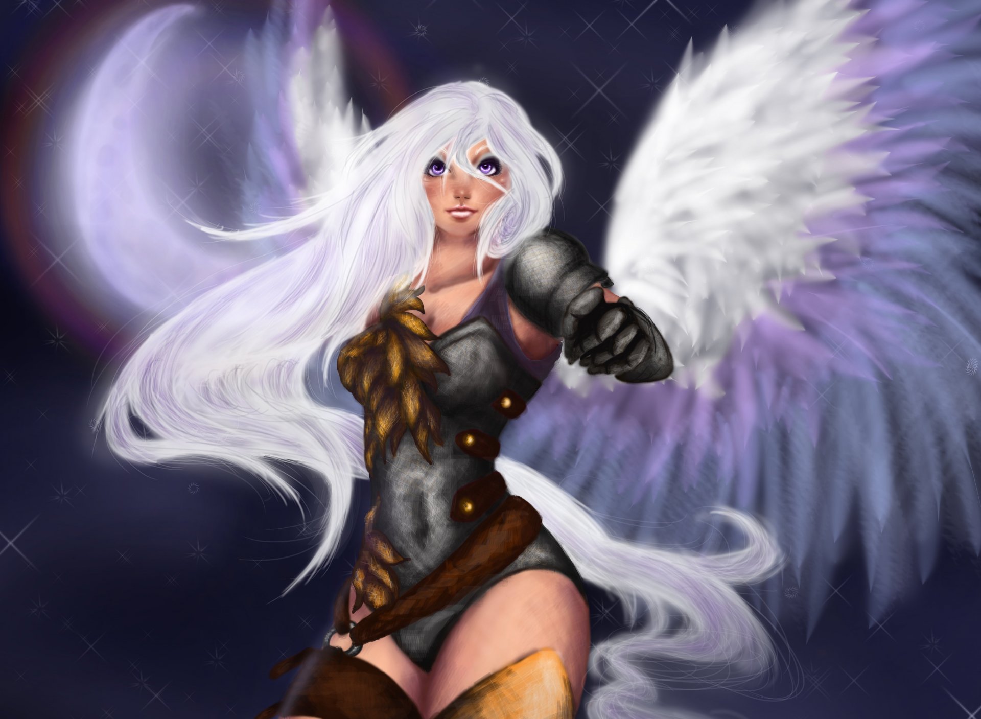 fiction art girl angel wings view white hair hand night sky moon