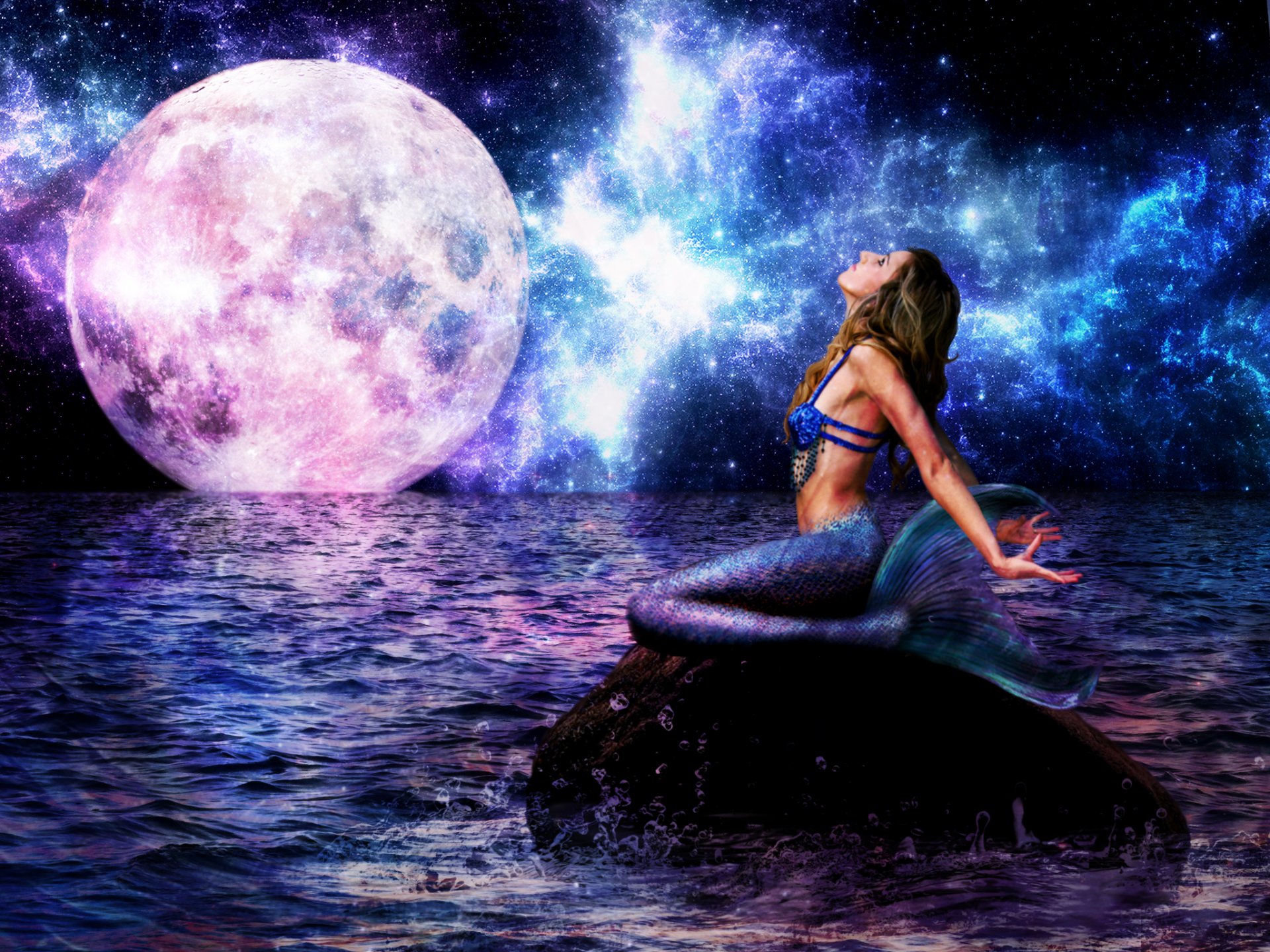 fiction girl mermaid tail view sea waves night large moon