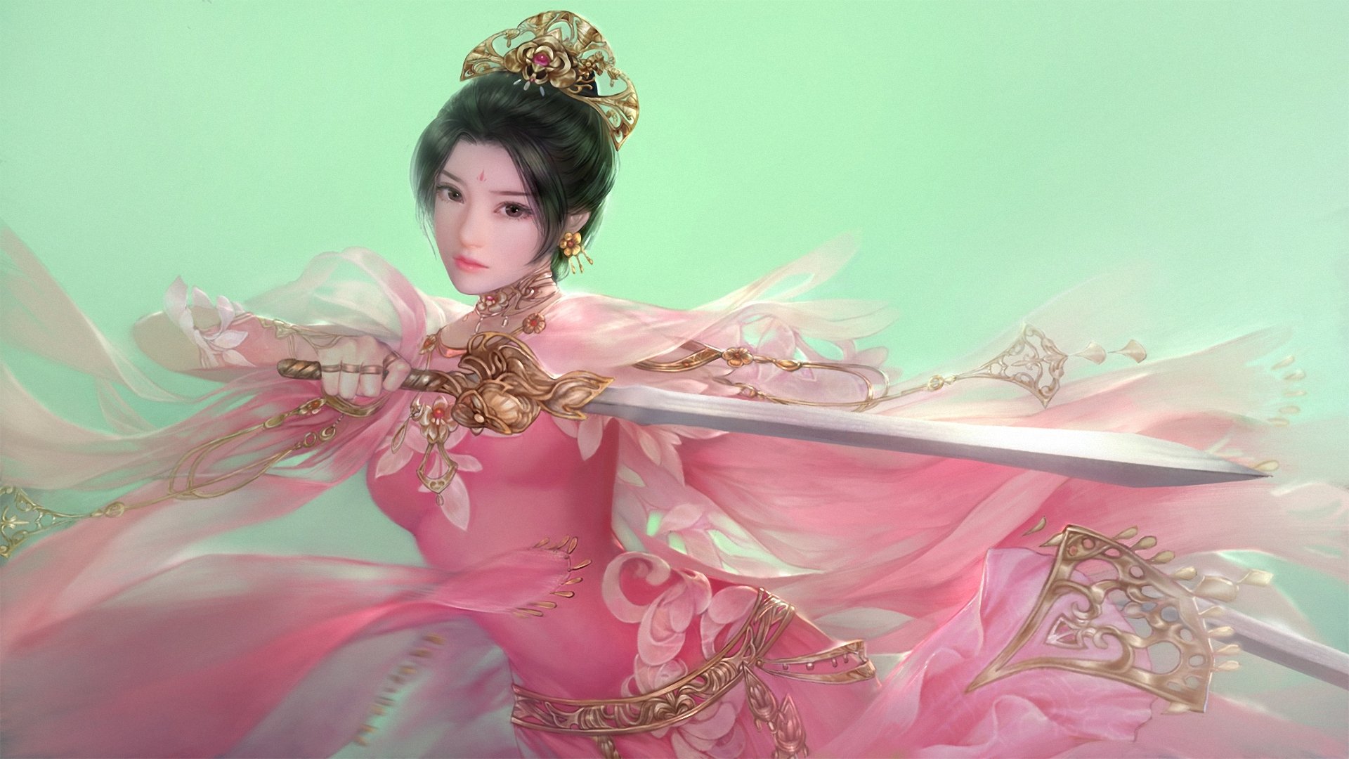 art fantasy girl sword weapon in pink