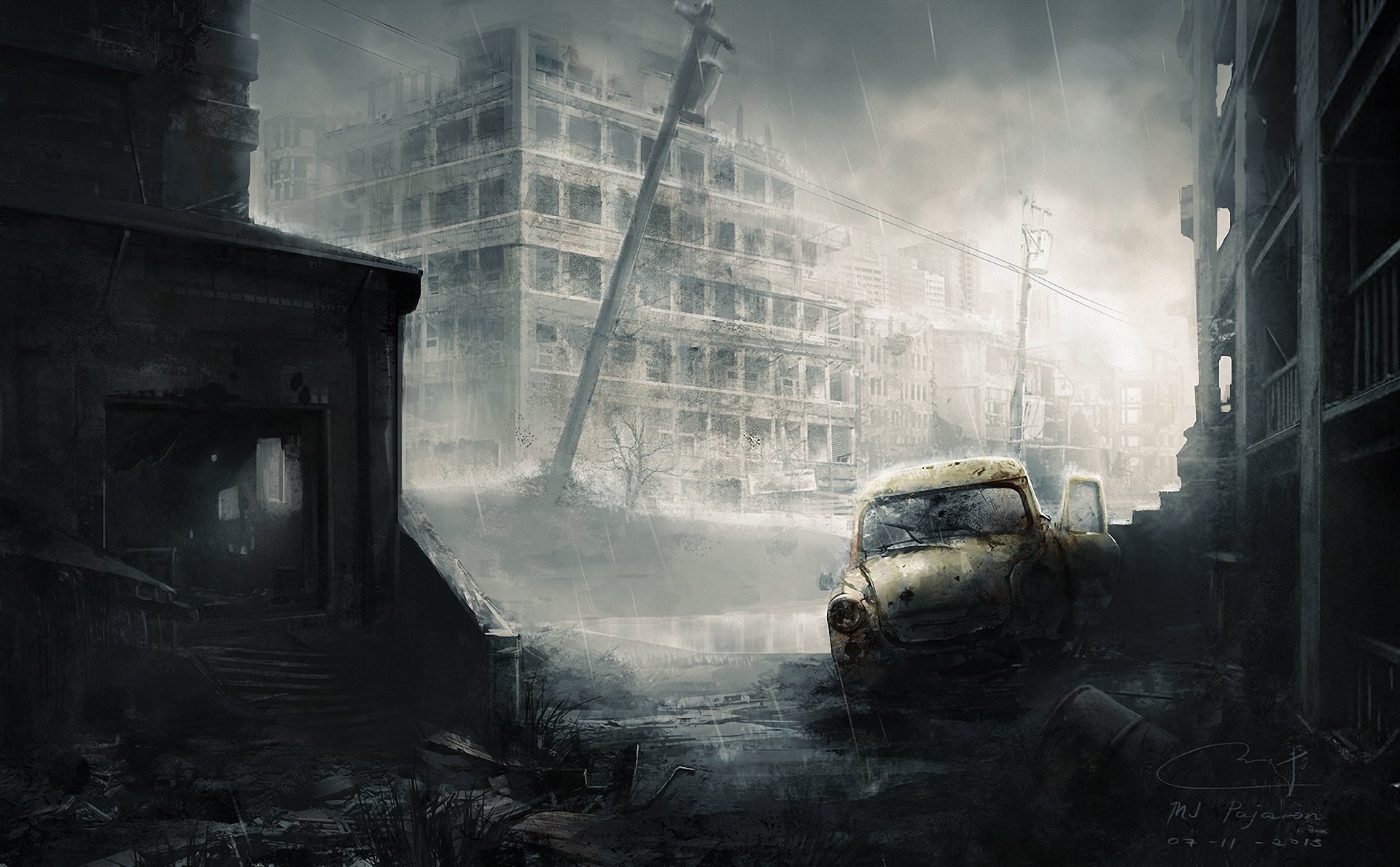 art post-apocalypse ville ruines voiture squelette pluie