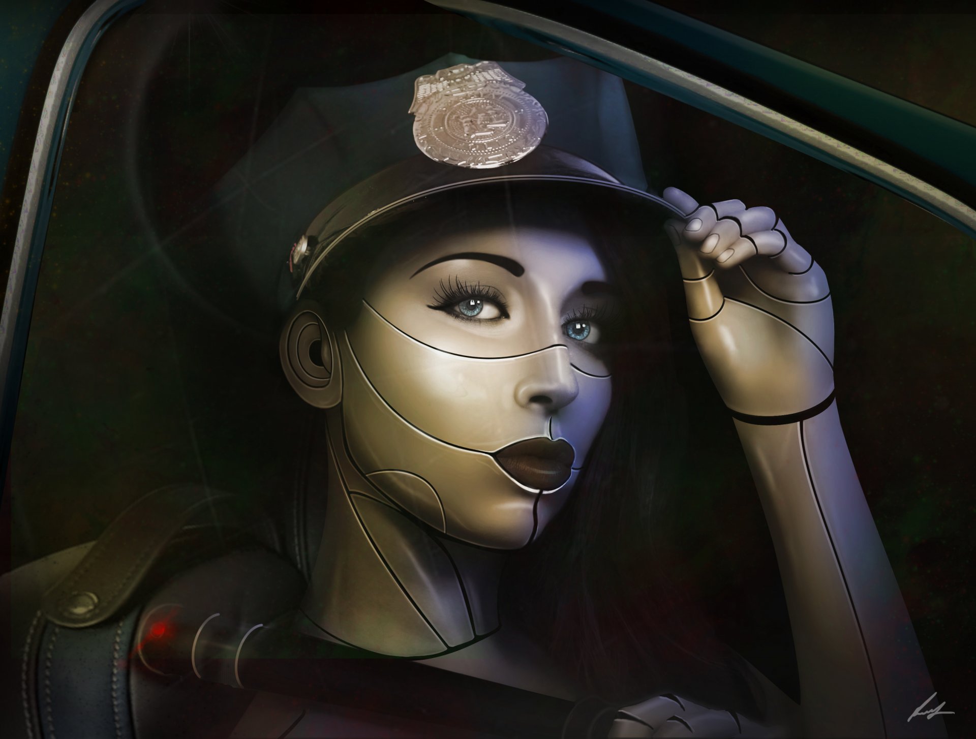 fantascienza arte ragazza cyborg viso ciglia sguardo labbra berretto polizia legge