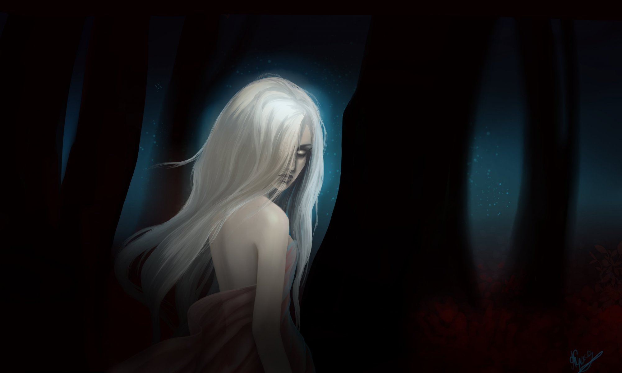 fiction art girl demon white eyes hair view night trees forest leave