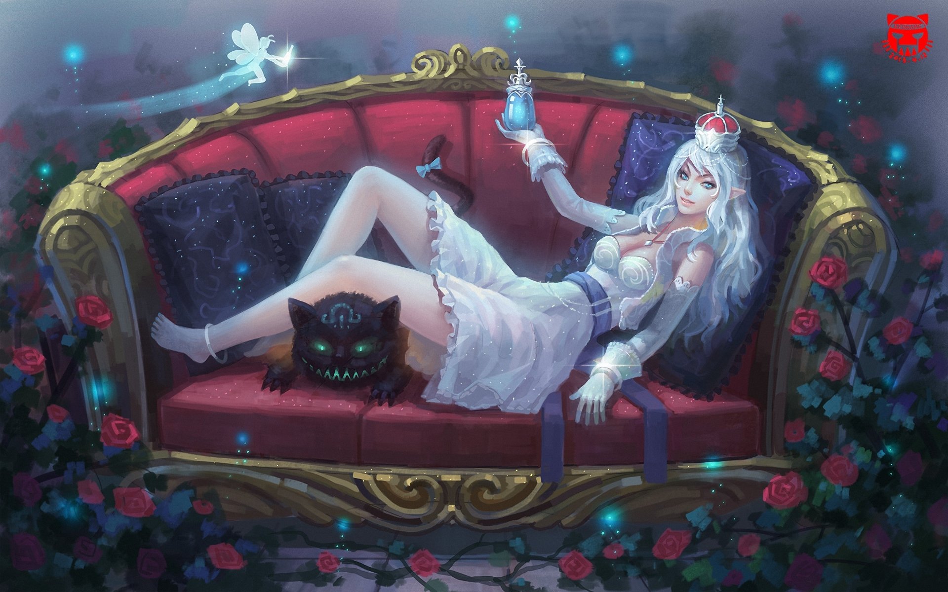 arte chica sofá gato elfo pelo blanco corona