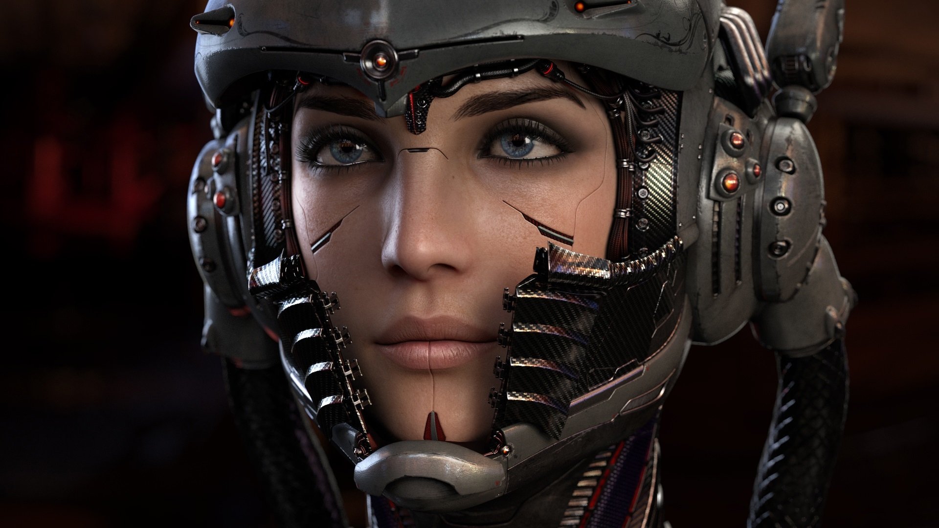 fantascienza cyberpunk cyborg casco ragazza sguardo fili