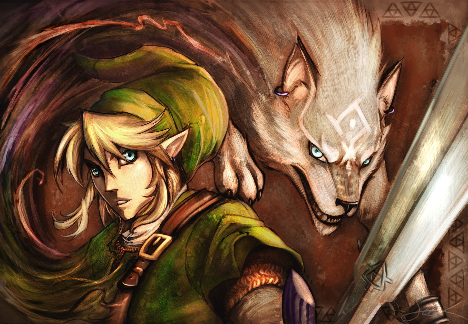 die legende von zelda link elf ohren ohrring haar gürtel schwert weißer wolf magie