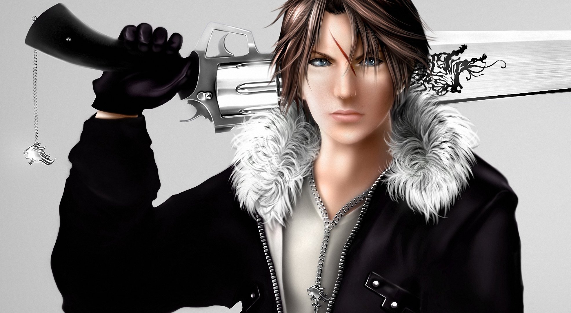 art final fantasy viii szkwał leonhart facet broń rewolwer blizna wisiorek łańcuszek kurtka