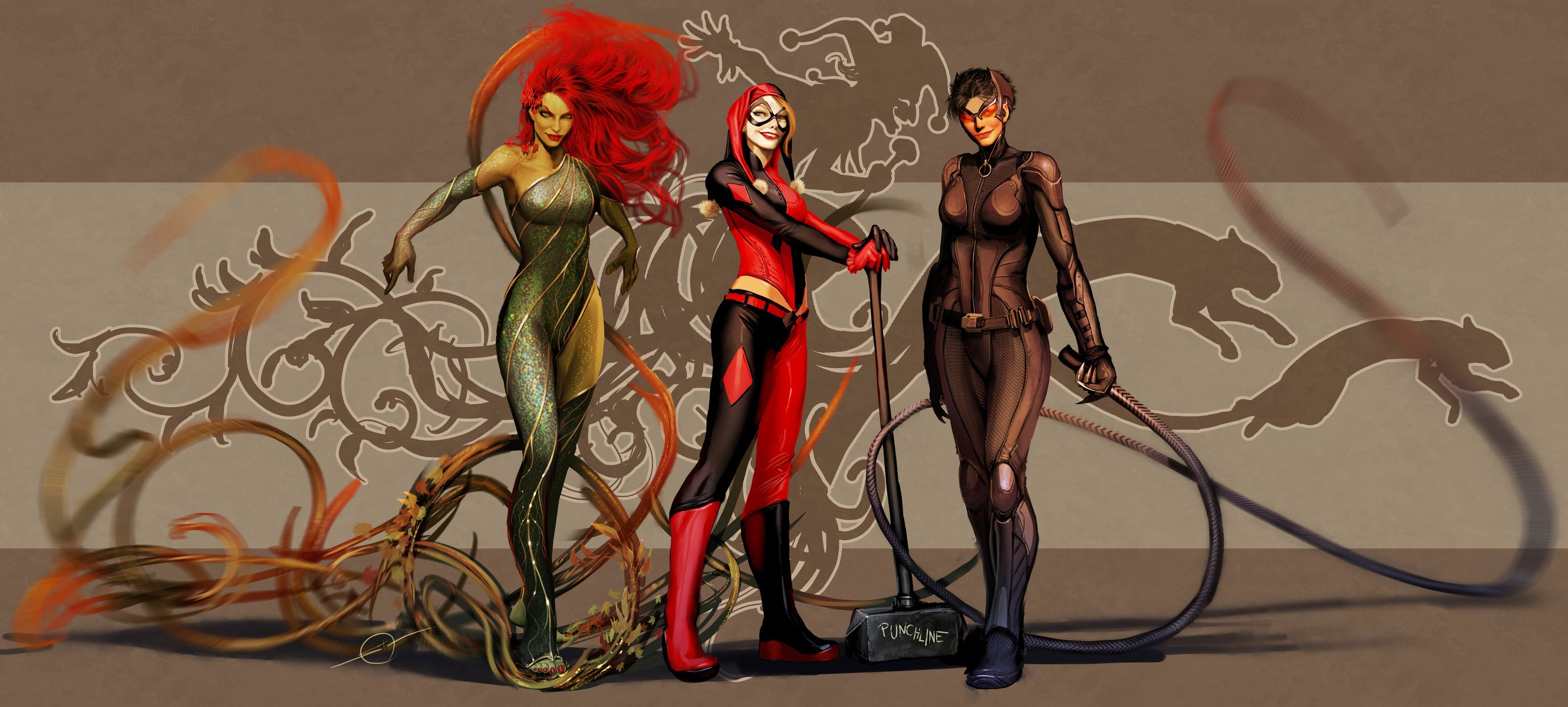 nebezial art dc comics catwoman selina kyle harley quinn poison ivy dr pamela lillian isley