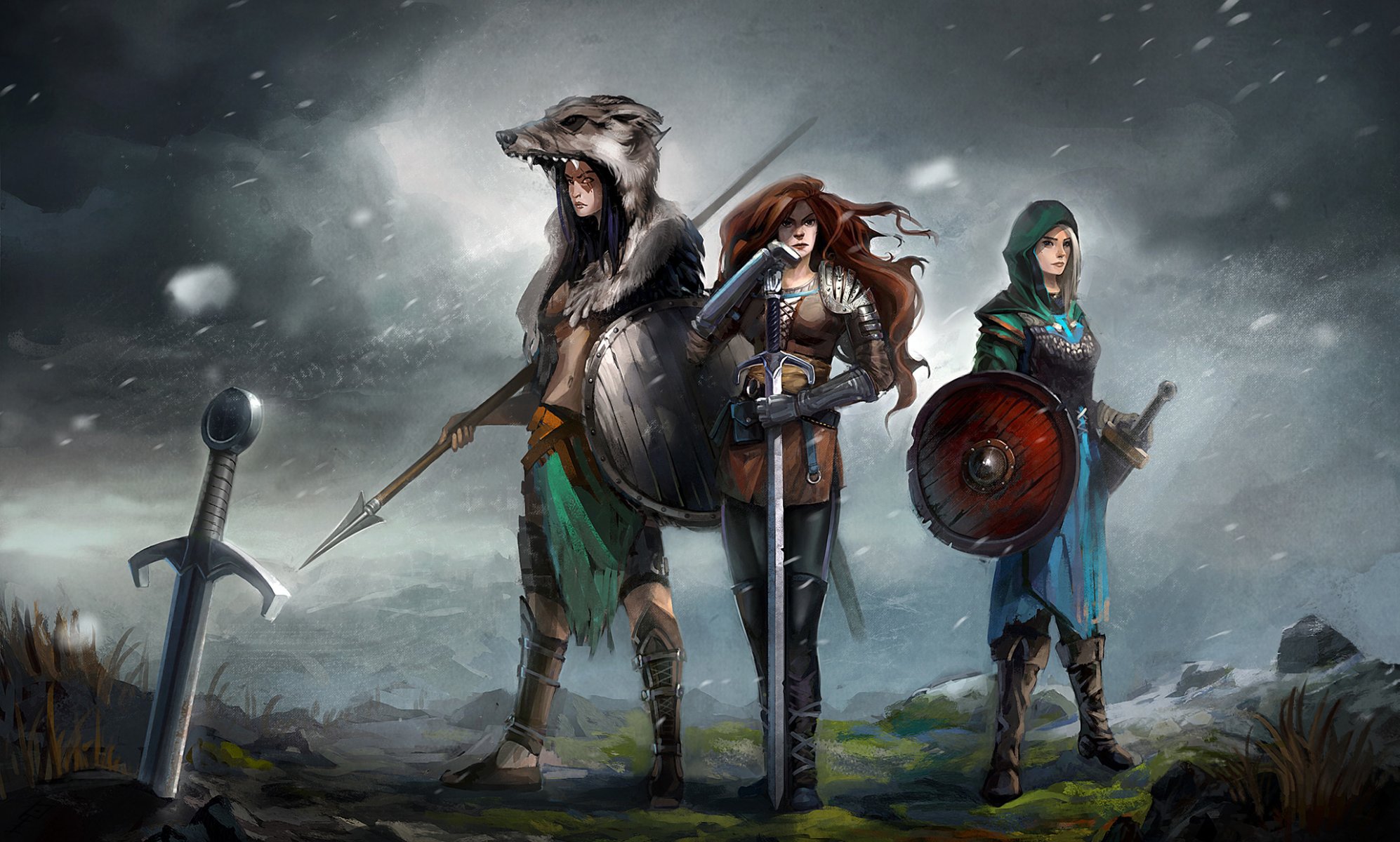 art girls warriors valkyrie weapon sword armor hide shield spear wind