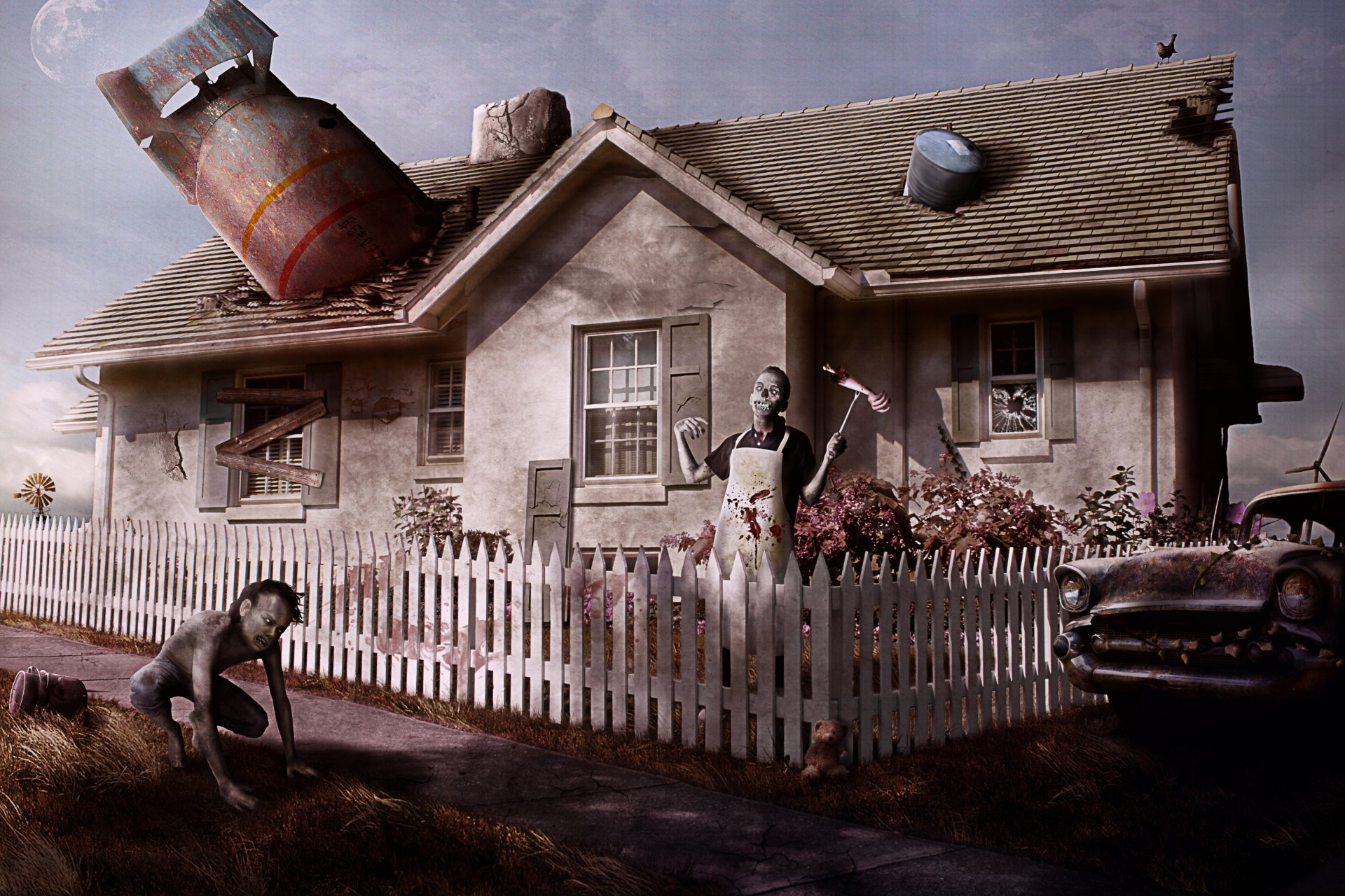 ay welcom to your new neighbors zombie post-apocalypse house nuclear missile barrels fence machine