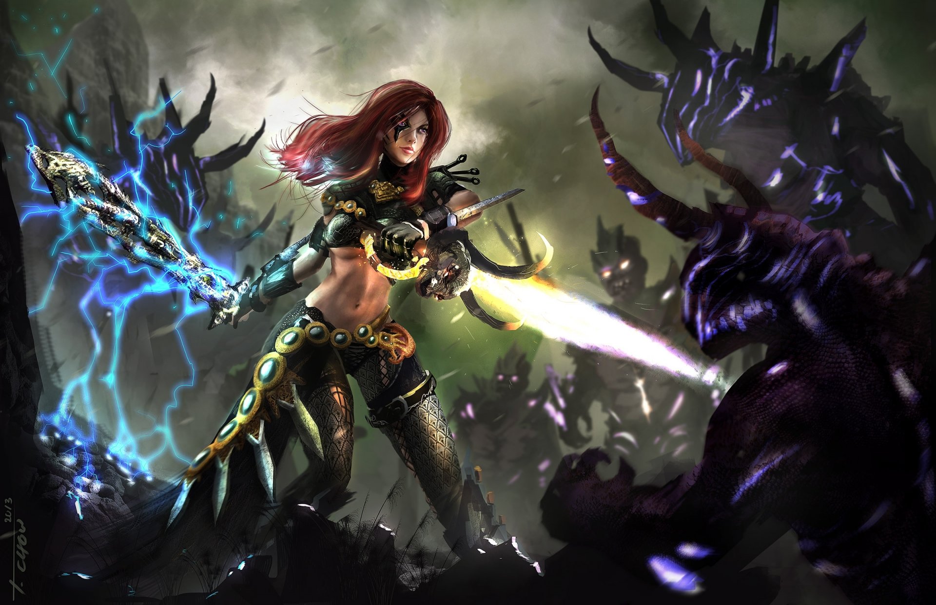 art girl sword magic monsters battle daemon