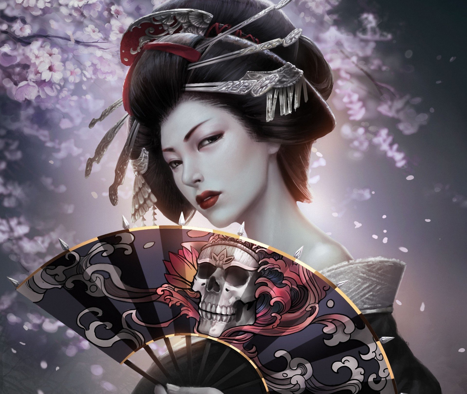 kunst kagero mädchen geisha kimono fan schädel frisur haarspangen sakura