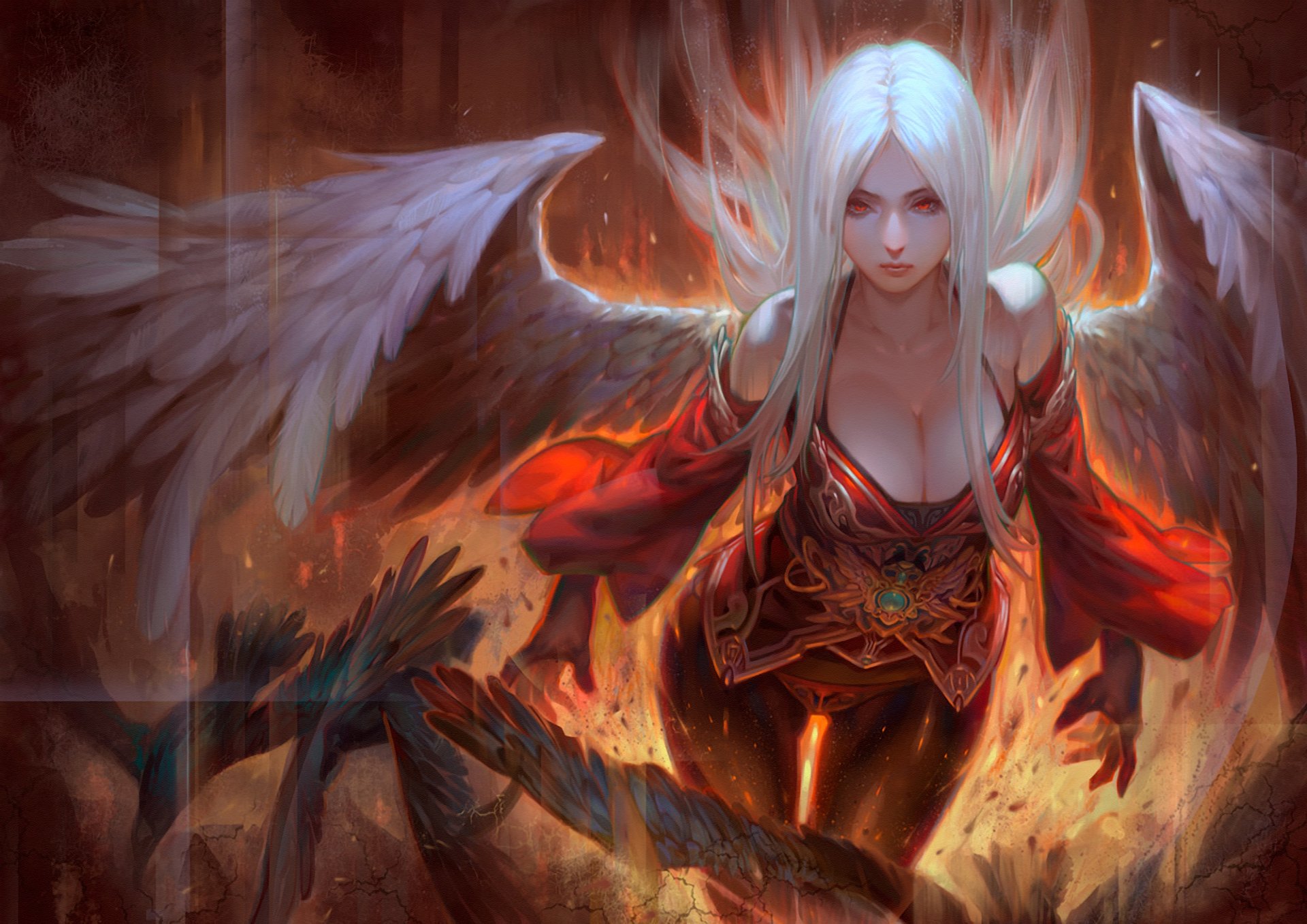 art krenz fallen angel angel girl red eyes white hair wings fire fiction