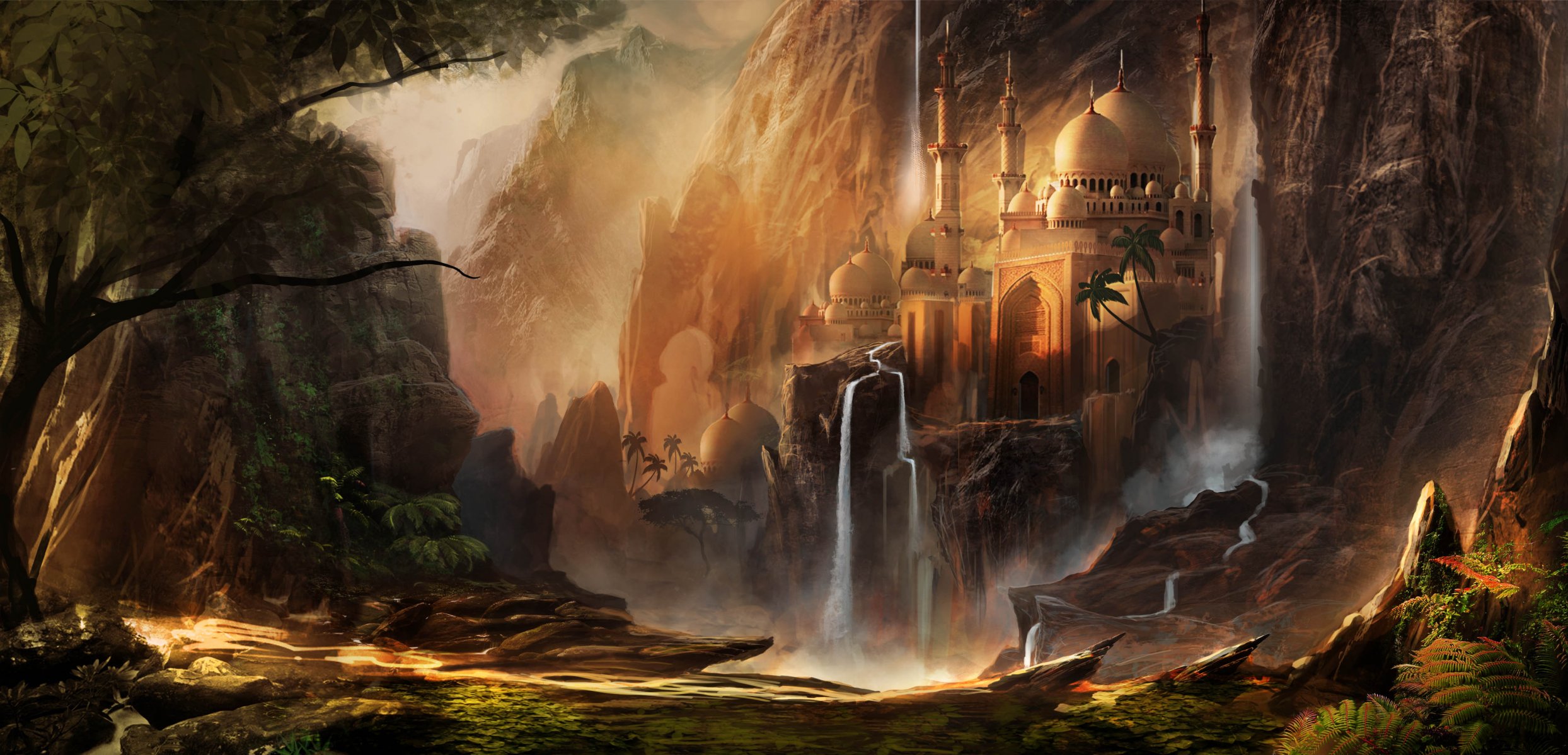 art waqas malik montagnes ville dôme bâtiments cascades fantasy