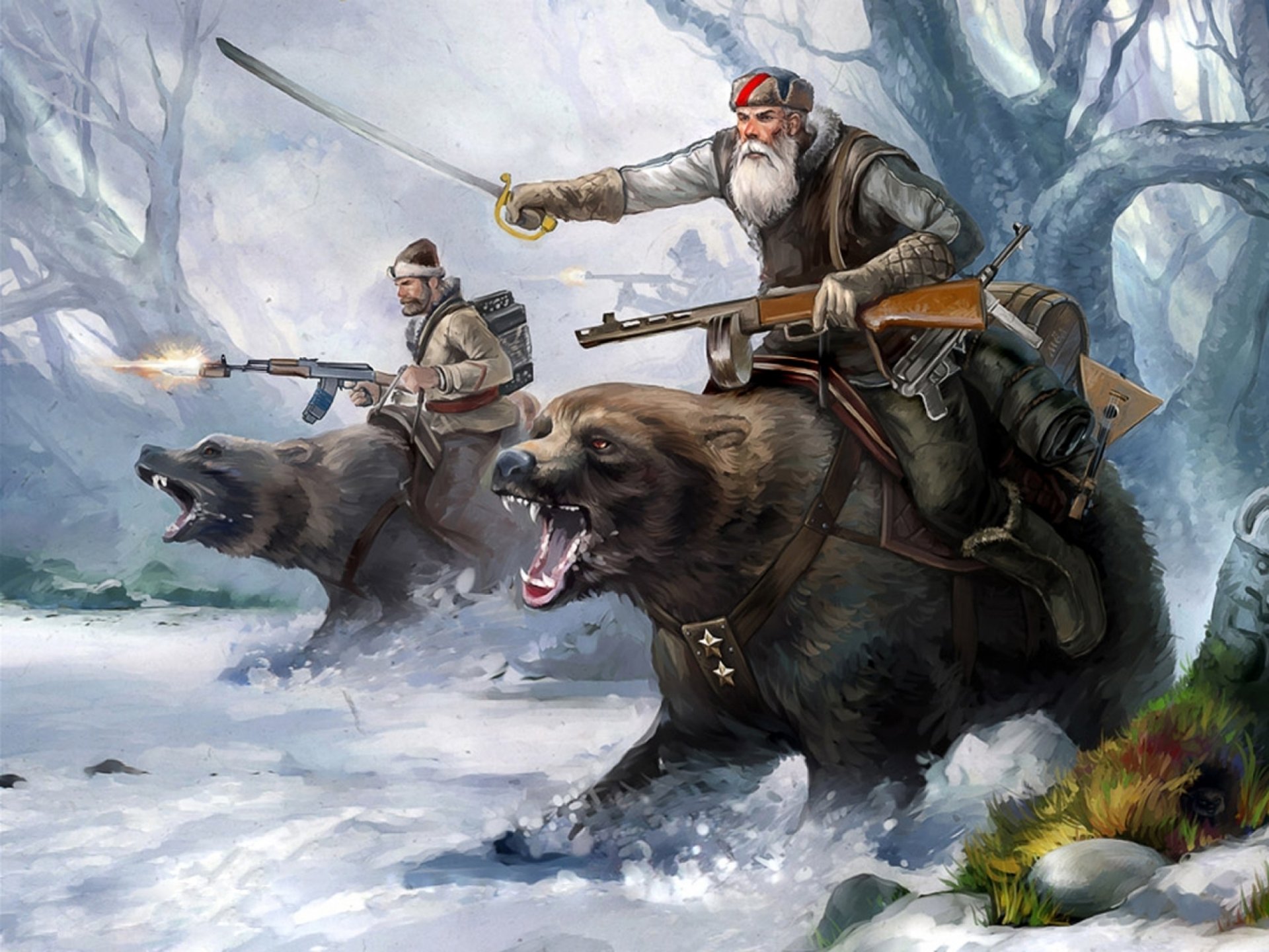 oldiers bears winter forest trees snow machine guns weapons of the second world war hats sword musical instrument