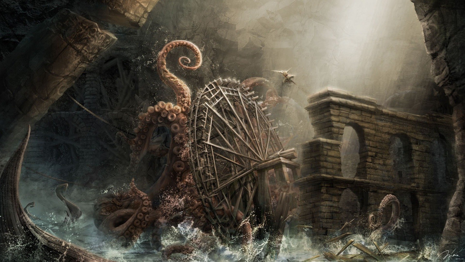 arte rueda monstruo tentáculos kraken pulpo arcos