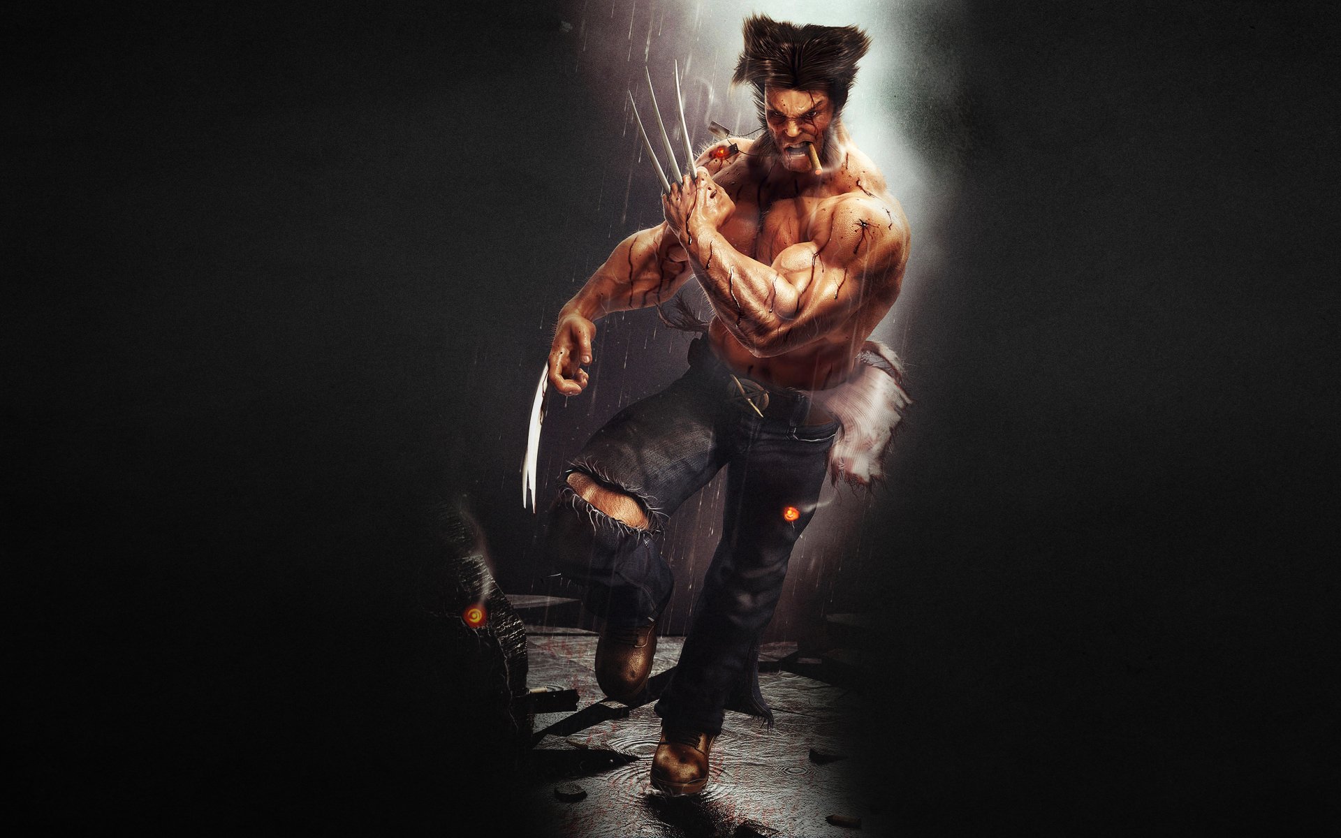 wolverine logan marvel comics x-men rain dark background running evil cigar claw