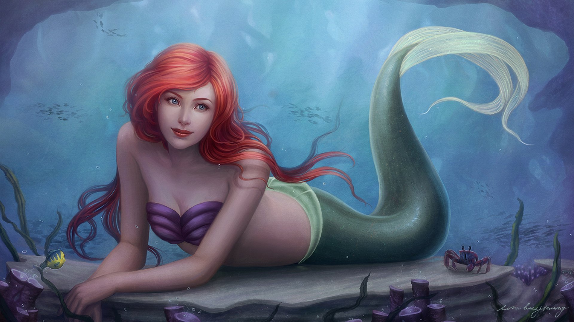 art zolaida ariel girl mermaid red ocean