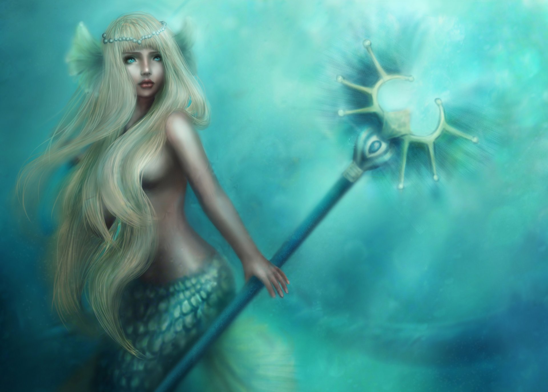 fiction art mermaid view hair blonde . tail staff water ocean