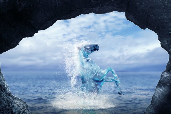 Ocean, blue horse out of water, rock