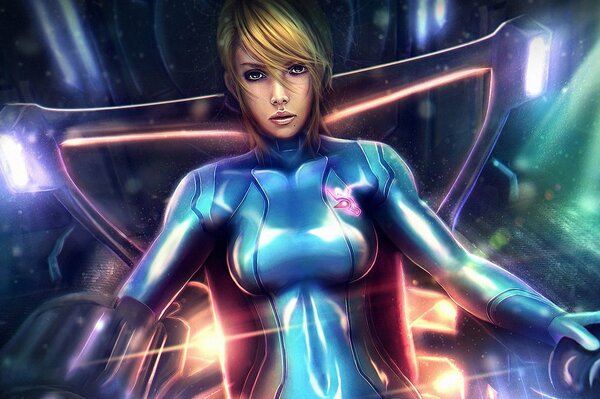 Art of the metroid game character Samus Aran in a blue suit