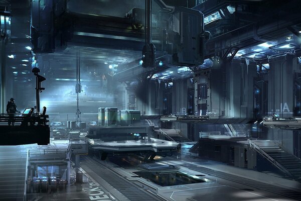 Art from the game halo 4, in the form of a factory with equipment