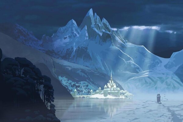 Disney castle in the ice in the mountains