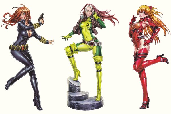 Three superhero girls in tight suits