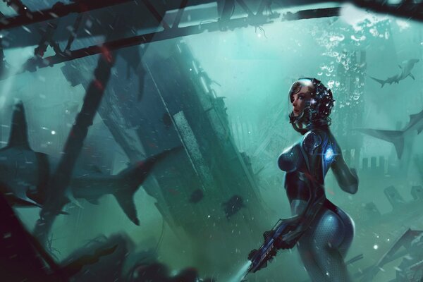 A girl with a gun under water with sharks swimming nearby