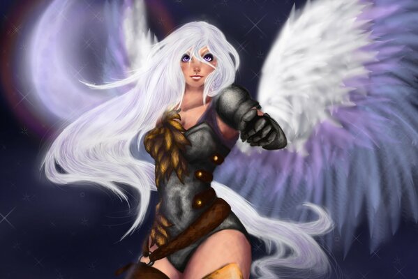 Silver-haired warrior girl with angel wings on the background of the starry sky