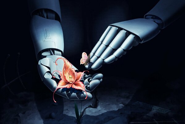 Bras de robot tenant une fleur d oranger