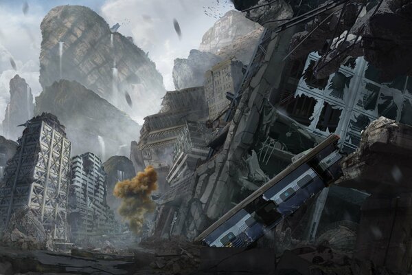 Post-apocalyptic landscape of the destroyed city of the future