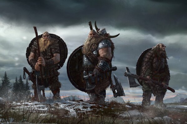 Leolas fargue, trois puissants Vikings en tenue de combat complète dans une plaine enneigée