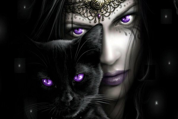 A girl and a cat with purple eyes on a black background