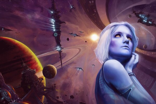 A girl with blue skin a look at space