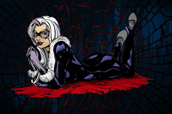 Art girl with white hair in a tight black suit and a mask on a background of cobwebs