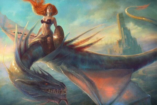 An armed girl is flying astride a dragon