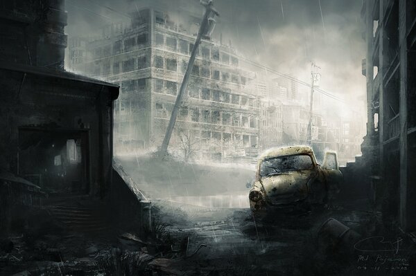 Image of a post-apocalyptic city in ruins in the rain