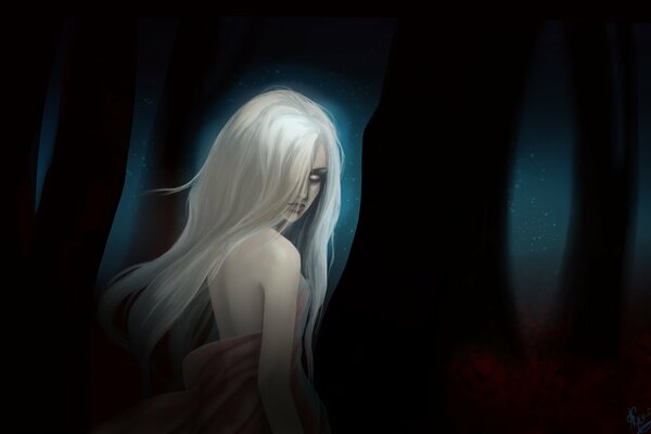 Fantasy image of a blonde girl in a dark forest