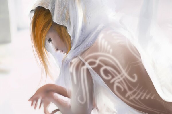 A beautiful girl in the image of a white witch with patterns on her back