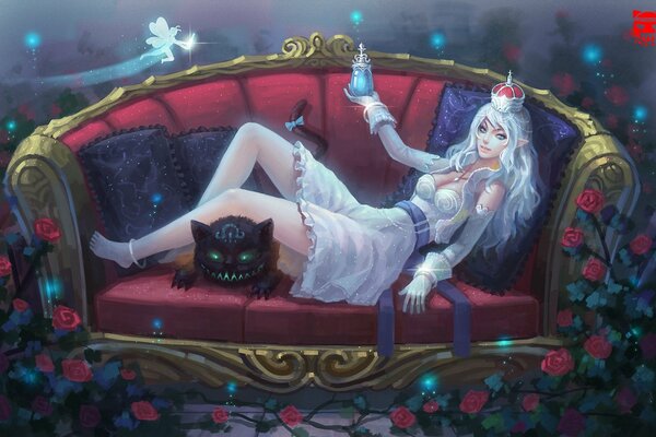 Fabulous girl with a cat, fabulous girl with a cat on the couch, fabulous girl on the couch, girl with a crown on the couch