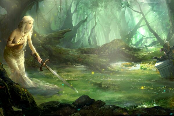 A girl with a sword against the background of a forest with a dragon