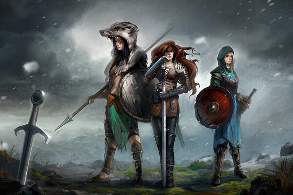 Trois filles avec des épées en armure