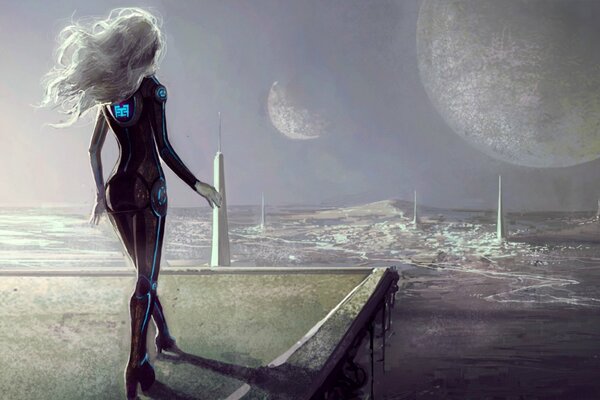 Cyborg girl with long hair on the background of planets